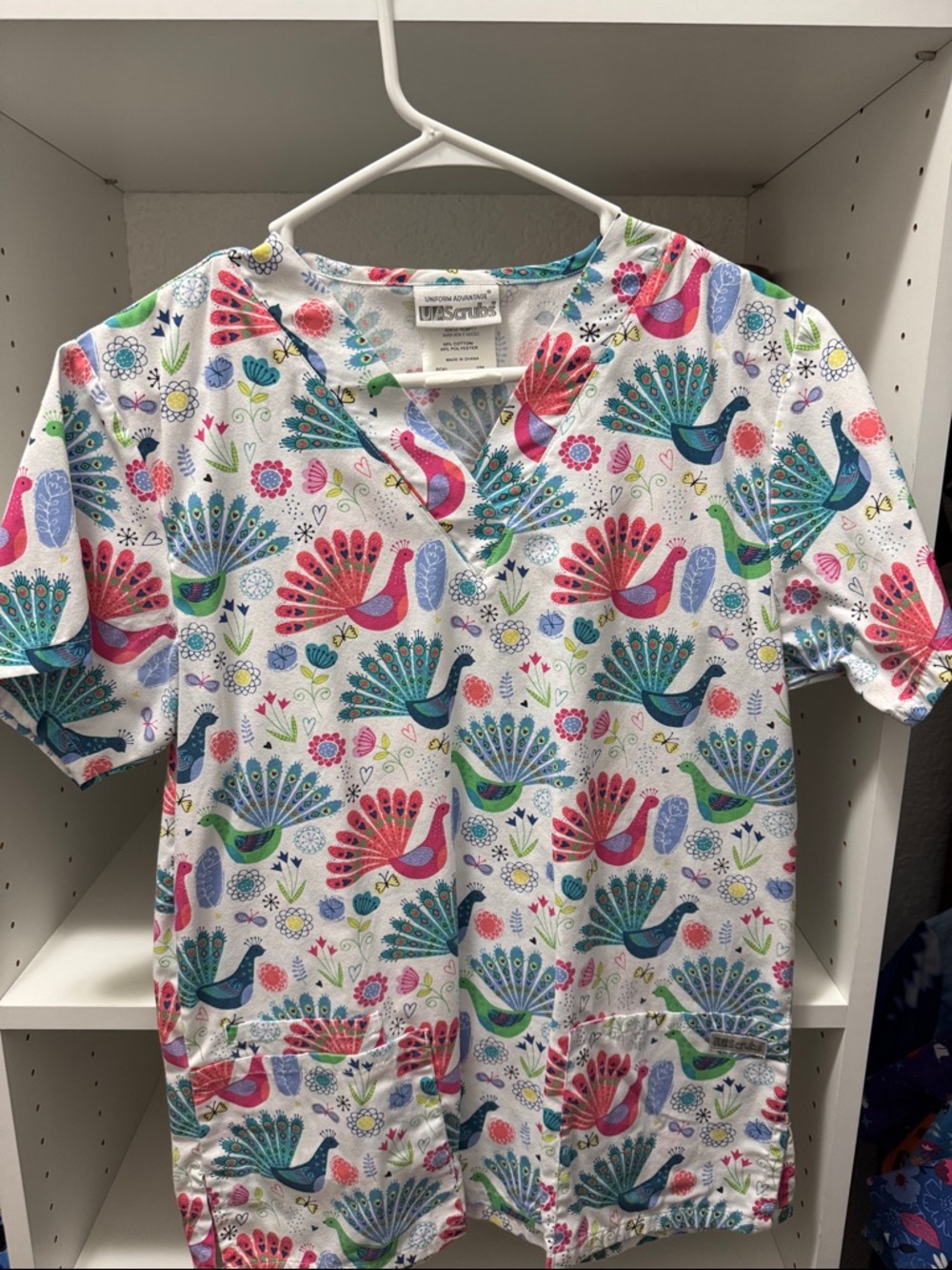 Uniform Advantage Peacock Print Scrub Top - White with Pink, Teal, Blue, Green